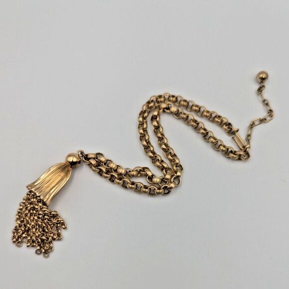 Vintage 1940s Trifari Gold Tone Collar Chain Necklace With Tassel 16" - Picture 2 of 15